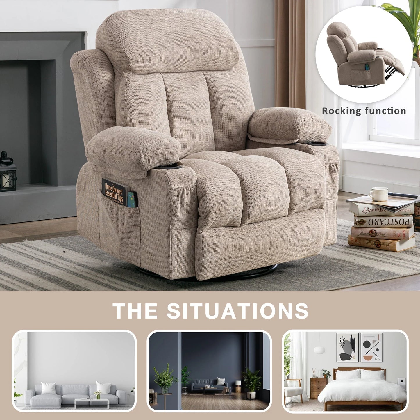 SYNGAR Manual Recliner Chair with Heat and Massage Function, Fabric Upholstery Recliner for Home Living Room Bedroom Nursery, Swivel Rocker Sofa Chair with USB Port and 2 Cup Holders, Beige