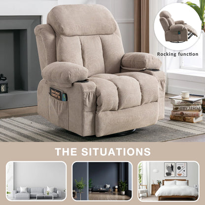 SYNGAR Manual Recliner Chair with Heat and Massage Function, Fabric Upholstery Recliner for Home Living Room Bedroom Nursery, Swivel Rocker Sofa Chair with USB Port and 2 Cup Holders, Beige