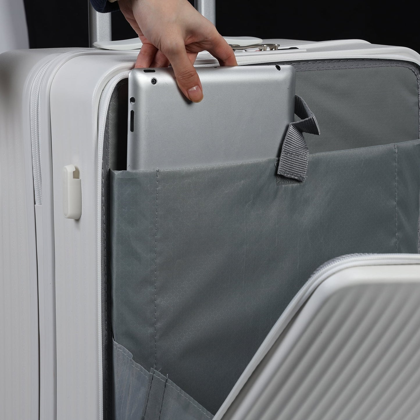 24 Inch Checked Luggage with Front Pocket, USB Charging Port, Built-in lock Carry on Suitcase, Cup Holder and Phone Holder, Medium Hardside Suitcase with Spinner Wheels, White