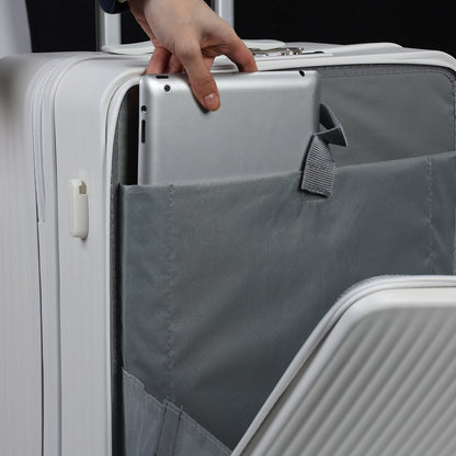 24 Inch Checked Luggage with Front Pocket, USB Charging Port, Built-in lock Carry on Suitcase, Cup Holder and Phone Holder, Medium Hardside Suitcase with Spinner Wheels, White