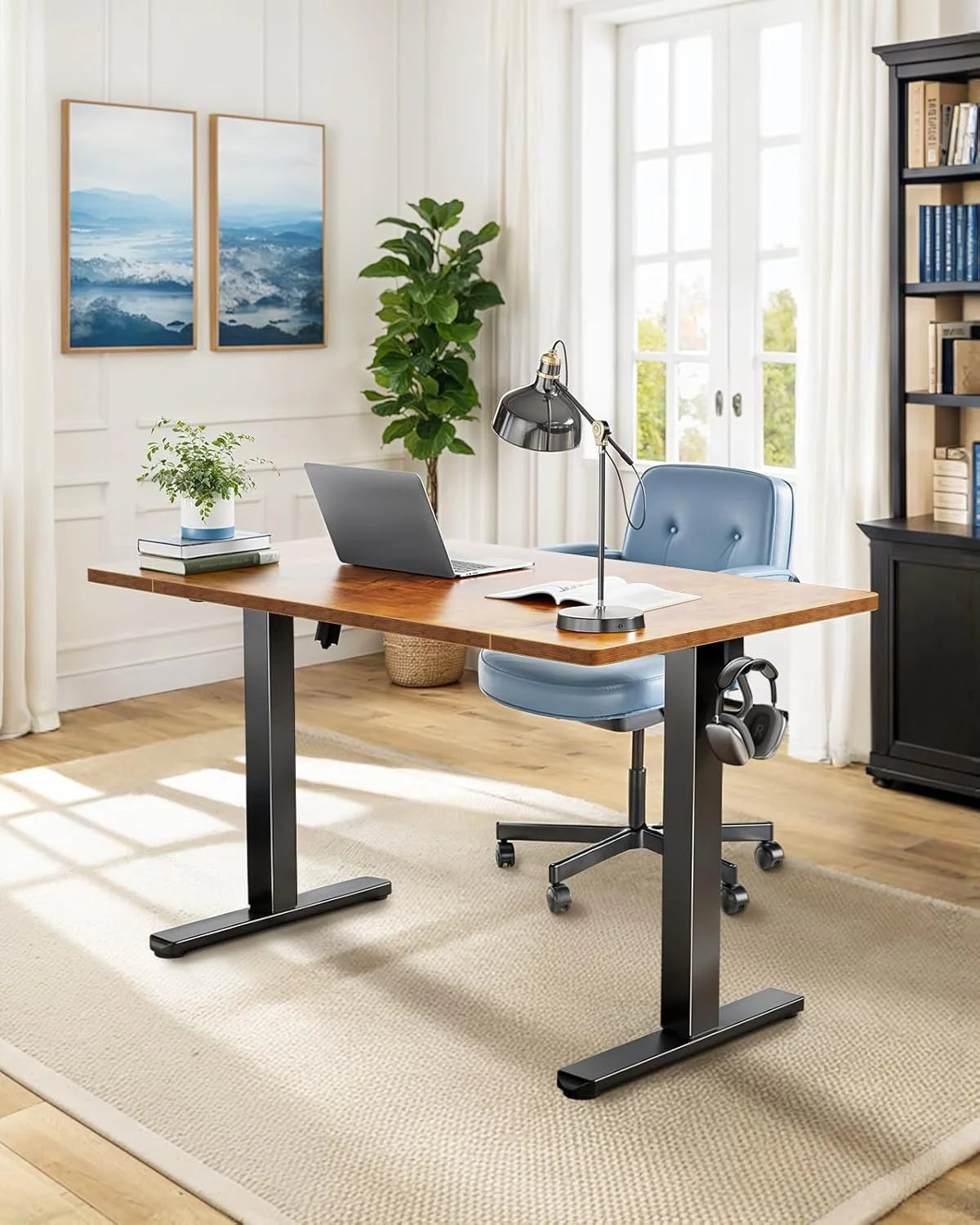UANUO 48 x 24 inch Electric Standing Desk, Height Adjustable Table with Headphone Hooks & Cable Manager, Sit to Stand up Desk for Home Office, Vintage Brown