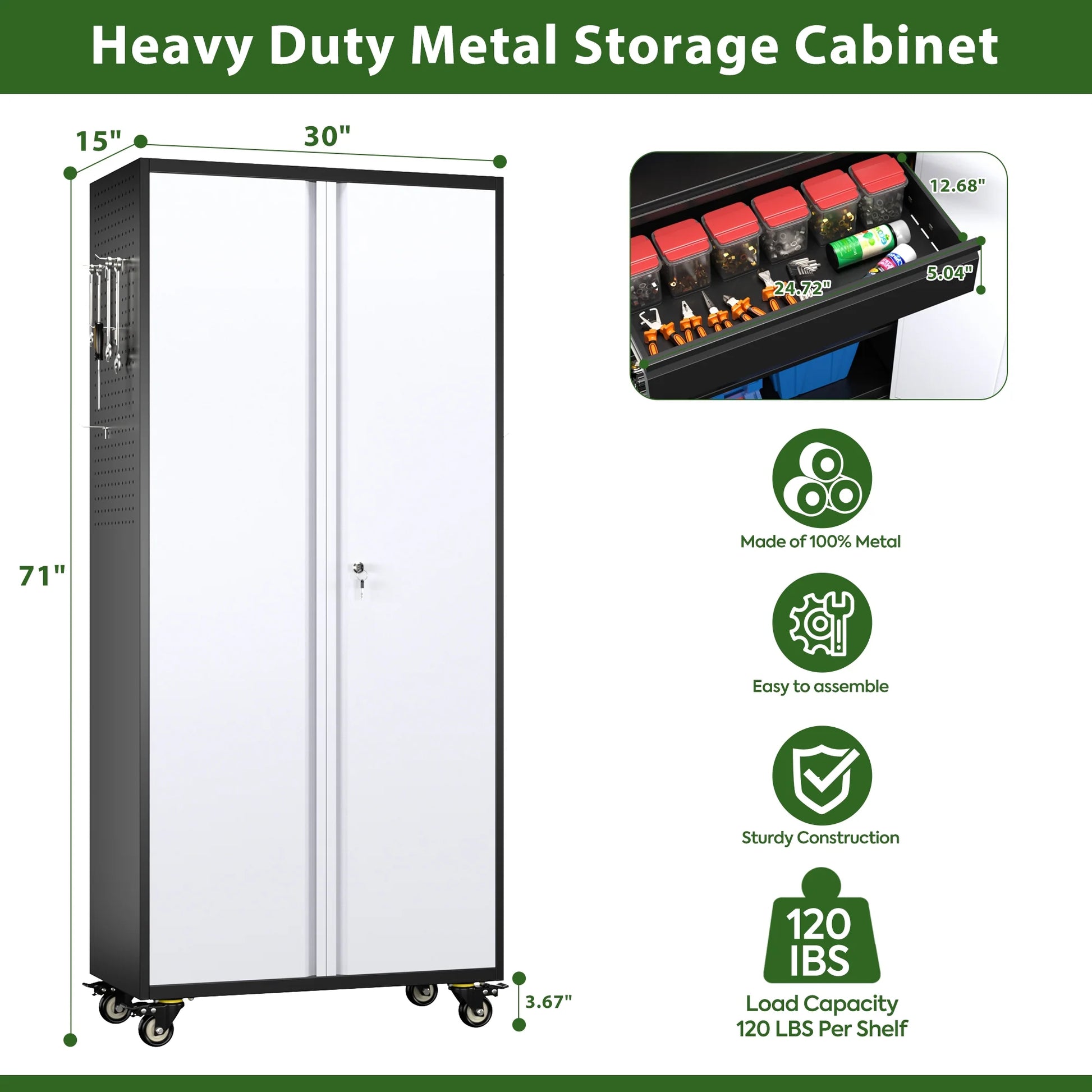 GAEANET 71" H Metal Storage Cabinet on Wheels with Pegboards & Drawer,Lockable Rolling Steel Tool Chest Cabinet for Garage,Warehouse,Home Office,Assembly Required,Black+Gray