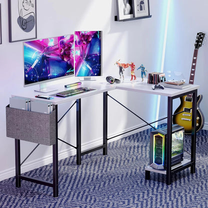 L Shaped Computer Desk - Gaming Corner 50 Inch PC White Writing Study Student Table with Wooden Desktop CPU Stand Side Bag Reversible for Home Office Room Small Space, White