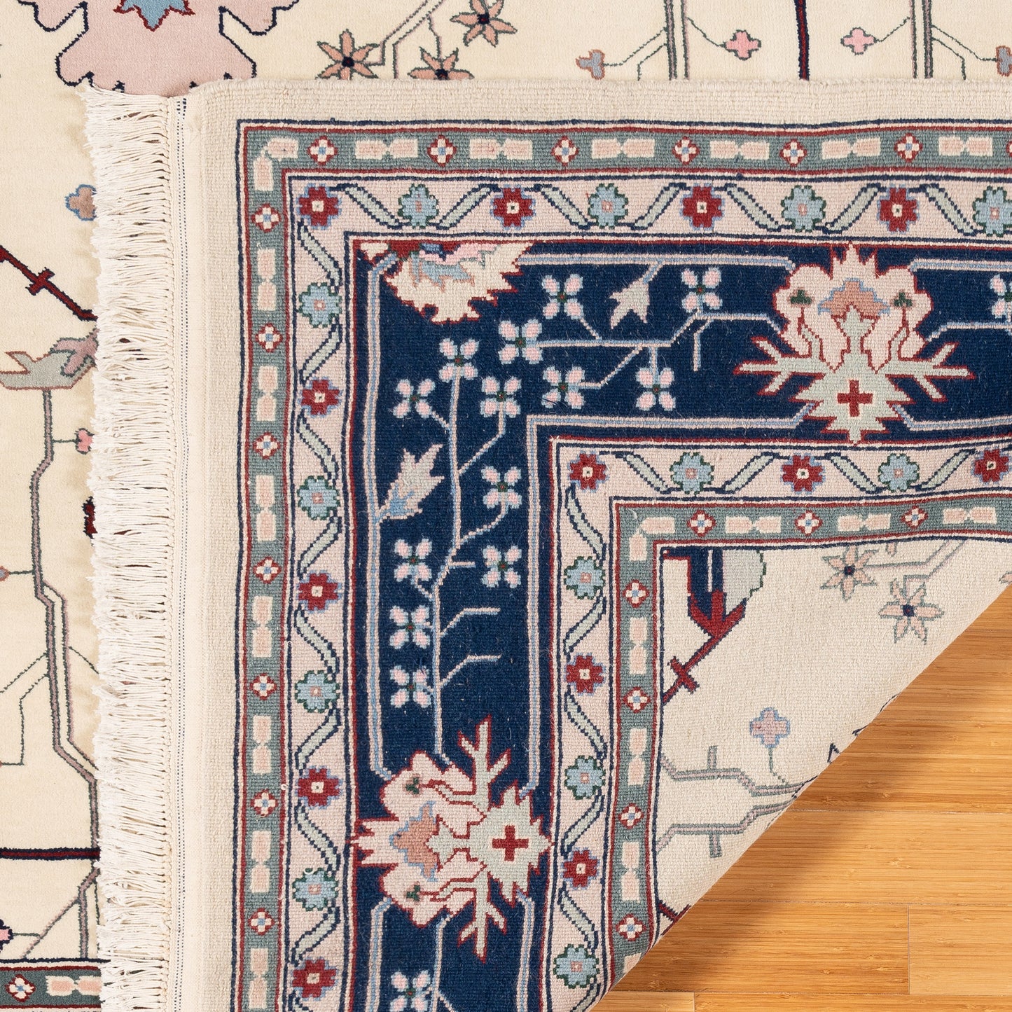 Montacute Hand Knotted Area Rug, Keshan Ivory Navy, 9' x 12'