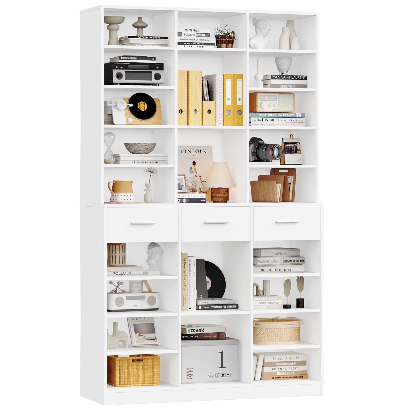 Homfa 75-Inch Bookshelf and Bookcase with 3 Drawers, Wooden Storage Book Shelf with Adjustable Shelves For Living Room, Home Office, White