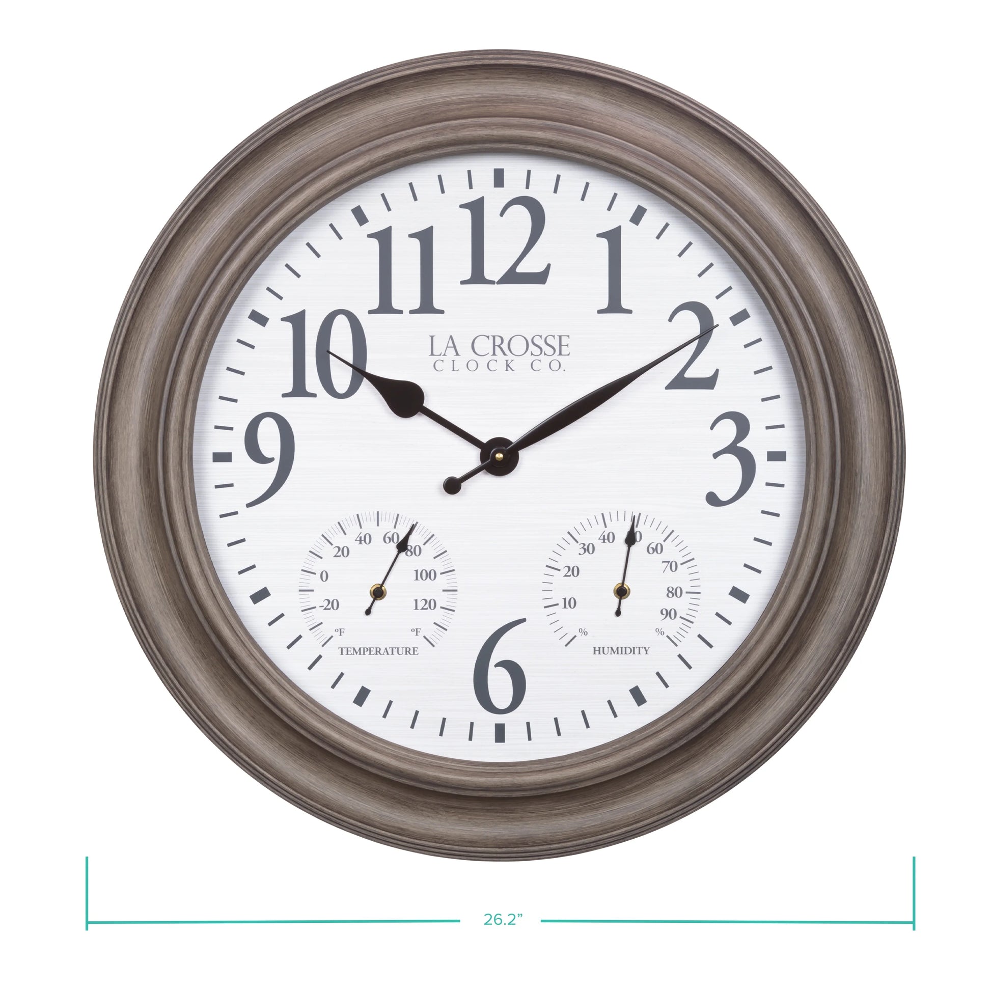 La Crosse 26.2" Outdoor Gray Oak Analog Quartz Wall Clock with Temp & Humidity, 433-3267TH