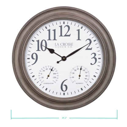 La Crosse 26.2" Outdoor Gray Oak Analog Quartz Wall Clock with Temp & Humidity, 433-3267TH