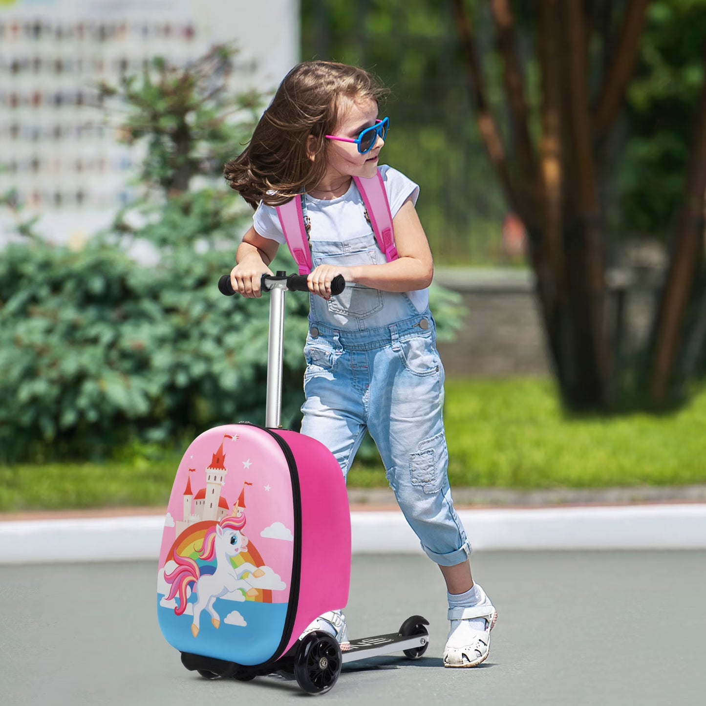 VLIVE 19 in Kids 2 Piece Unicorn Spinner Carry On Luggage with Scooter, Pink