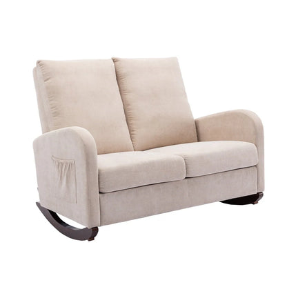 Modern Double Rocking Chair, Upholstered Oversized Glider Rocker for Baby Nursery and Kids, Loveseat Accent Armchair with High Back and Side Pocket, Extra Wide Lounge Chair for Living Room, Beige