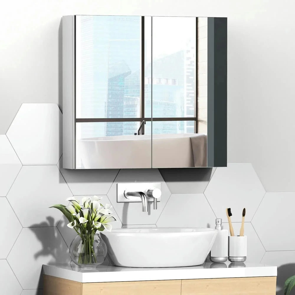 Spaco Bathroom Mirrored Cabinet with Double Doors, 24"x22" Steel Frame Medicine Cabinet, Wall-Mounted Storage Organizer, White