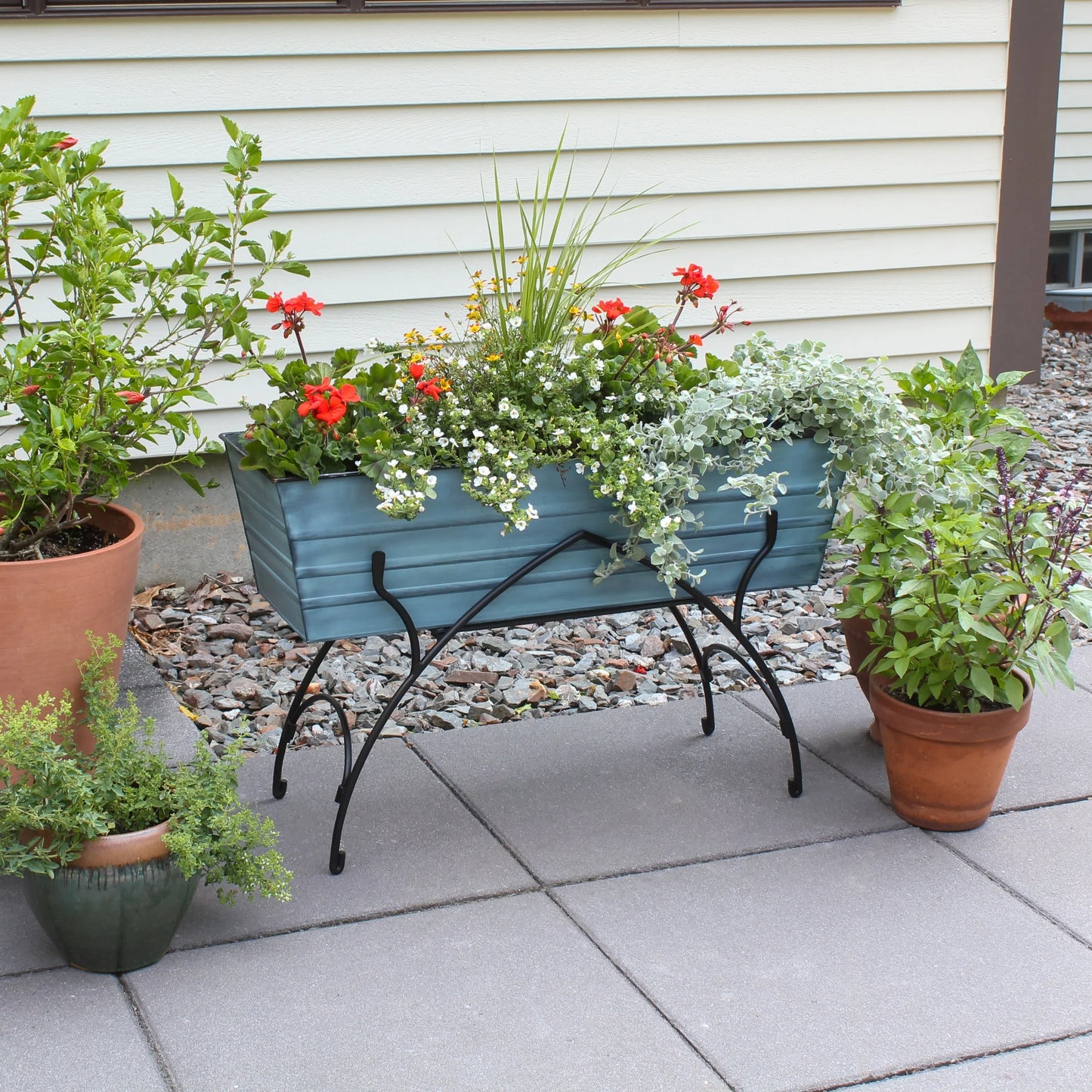 Achla Designs 35.25"L Rectangular Galvanized Steel Indoor Outdoor Large Flower Box w/Black Wrought Iron Bella Stand Copper Plated, Black Powdercoat