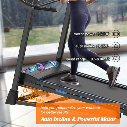 3.5HP Folding Treadmill With Auto 15% Incline Bluetooth MP3 17" Wide 7-Layers Shock-absorbing Belt 9MPH Connect FitShow APP Running Walking Jogging Exercise Machine For Home Office,Max Weight 300lb