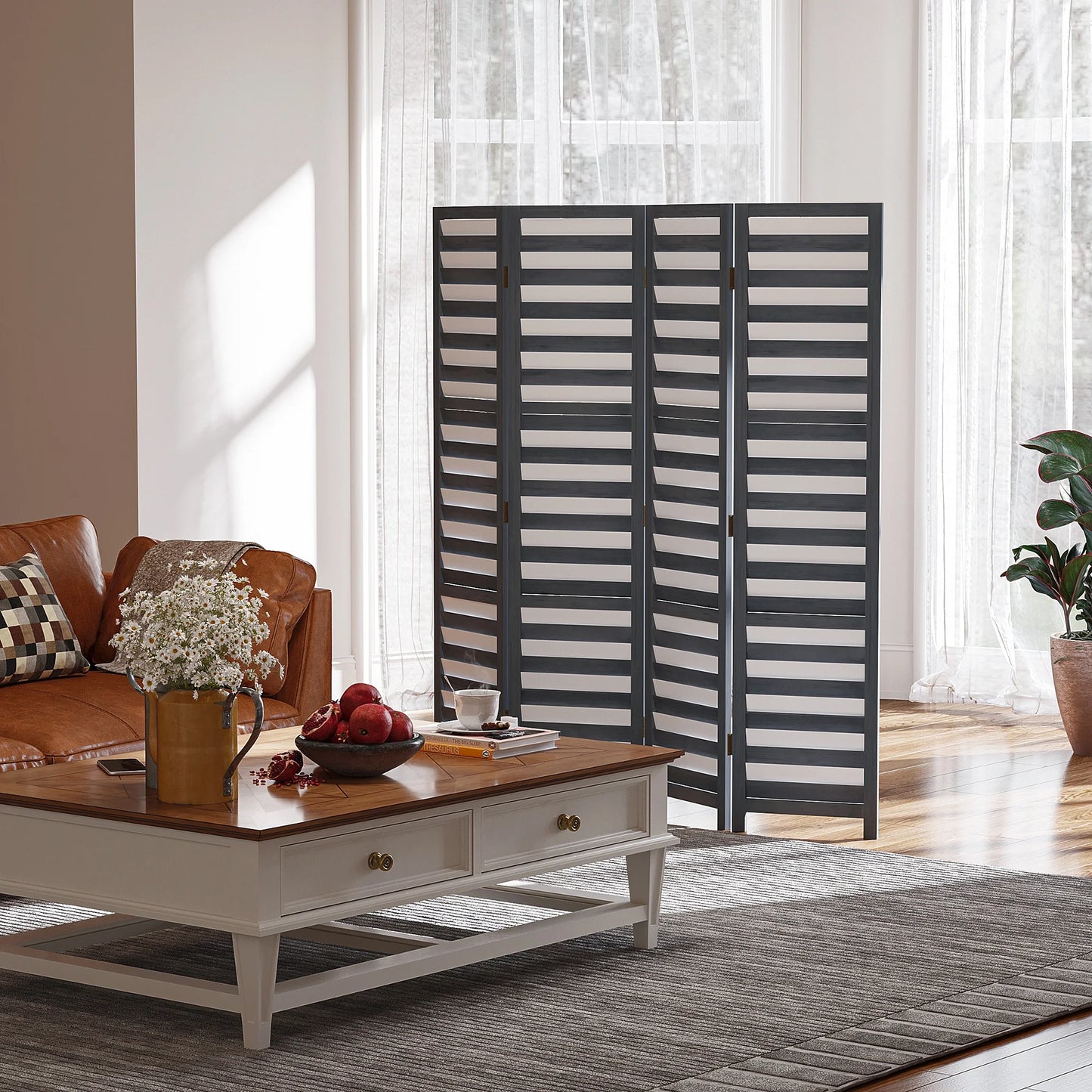 HOMCOM 5.6' 4 Panel Room Divider Folding Privacy Screen Panel, White/Grey