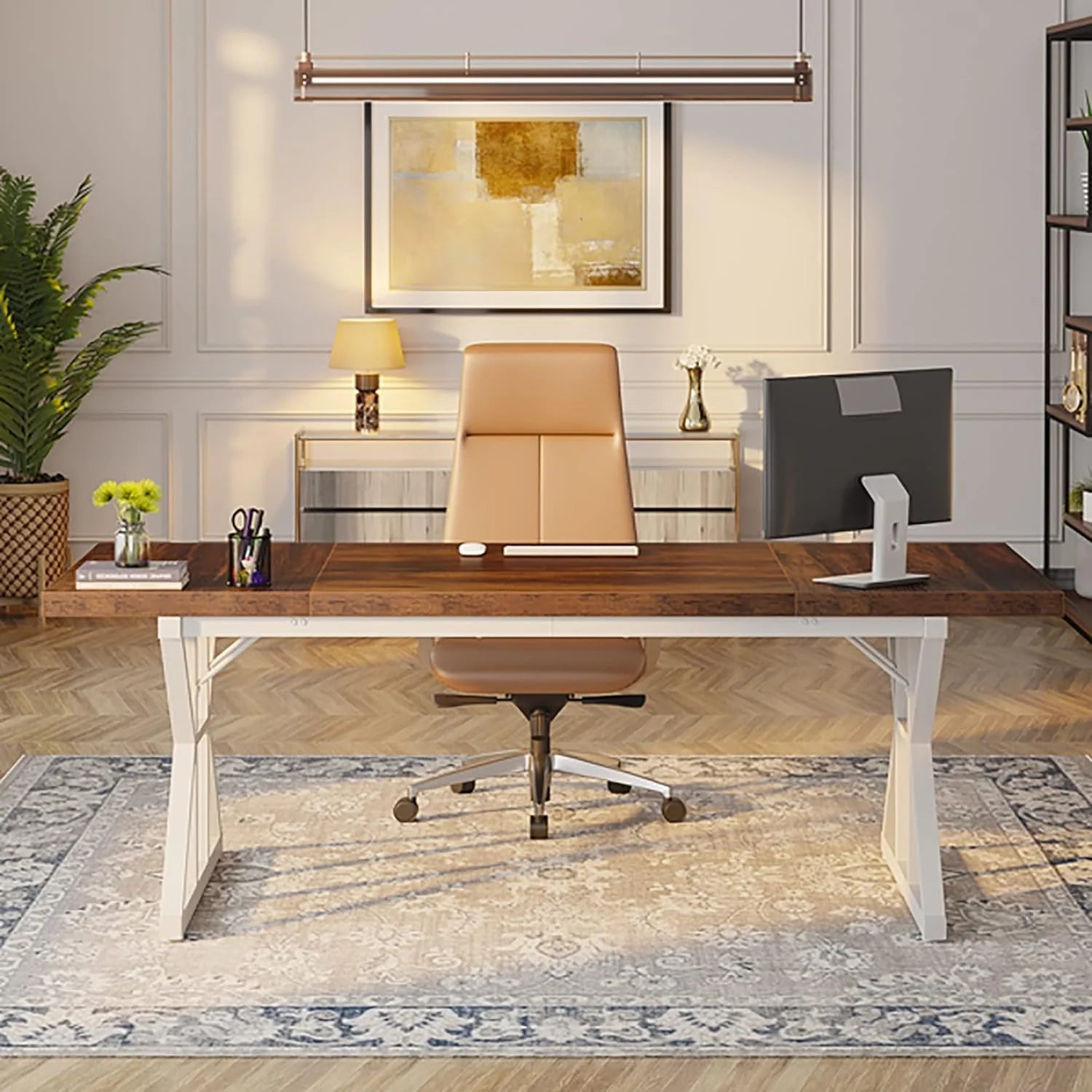 Tribesigns 71" Executive Desk, Large Computer Desk Study Writing Table for Home Office (Brown/White)