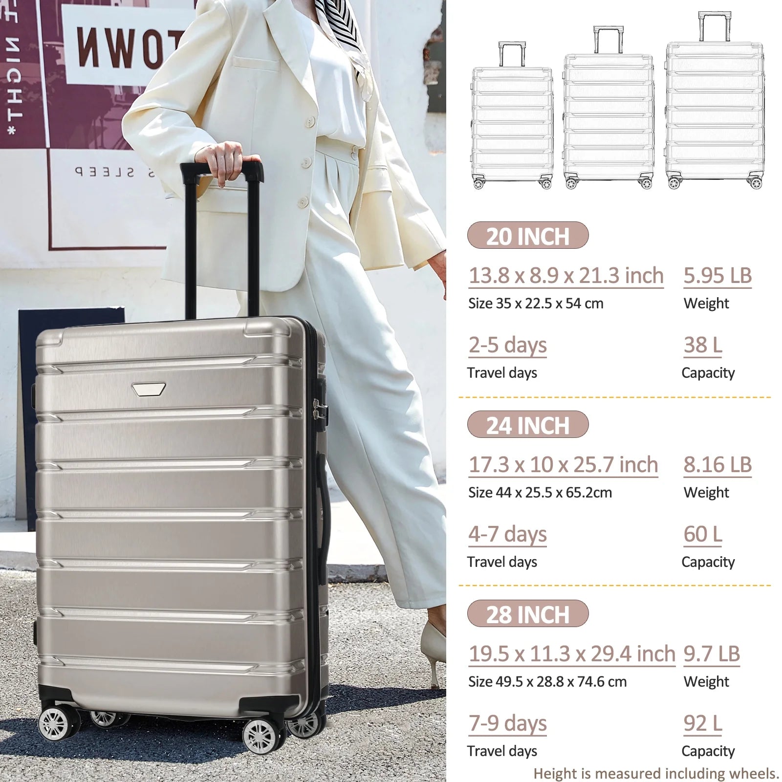 EUROCO 3 Piece Luggage Sets, ABS+PC Hardshell Suitcase with Spinner Wheels,Lightweight Durable Travel Suitcase Set for Men Women,Fog Gray