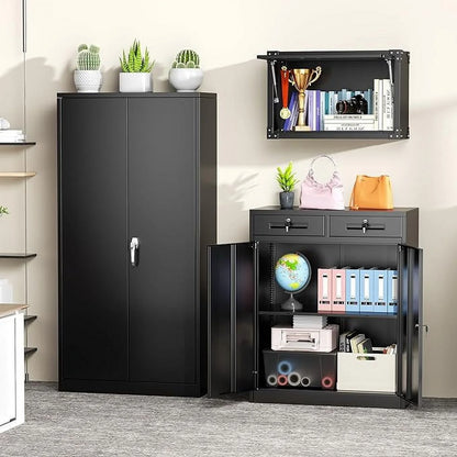SOLAURA Metal Storage Cabinet with 2 Drawers,36" Black Metal Cabinets with Locking Doors and Adjustable Shelves for Home Office, Garage, Apartment
