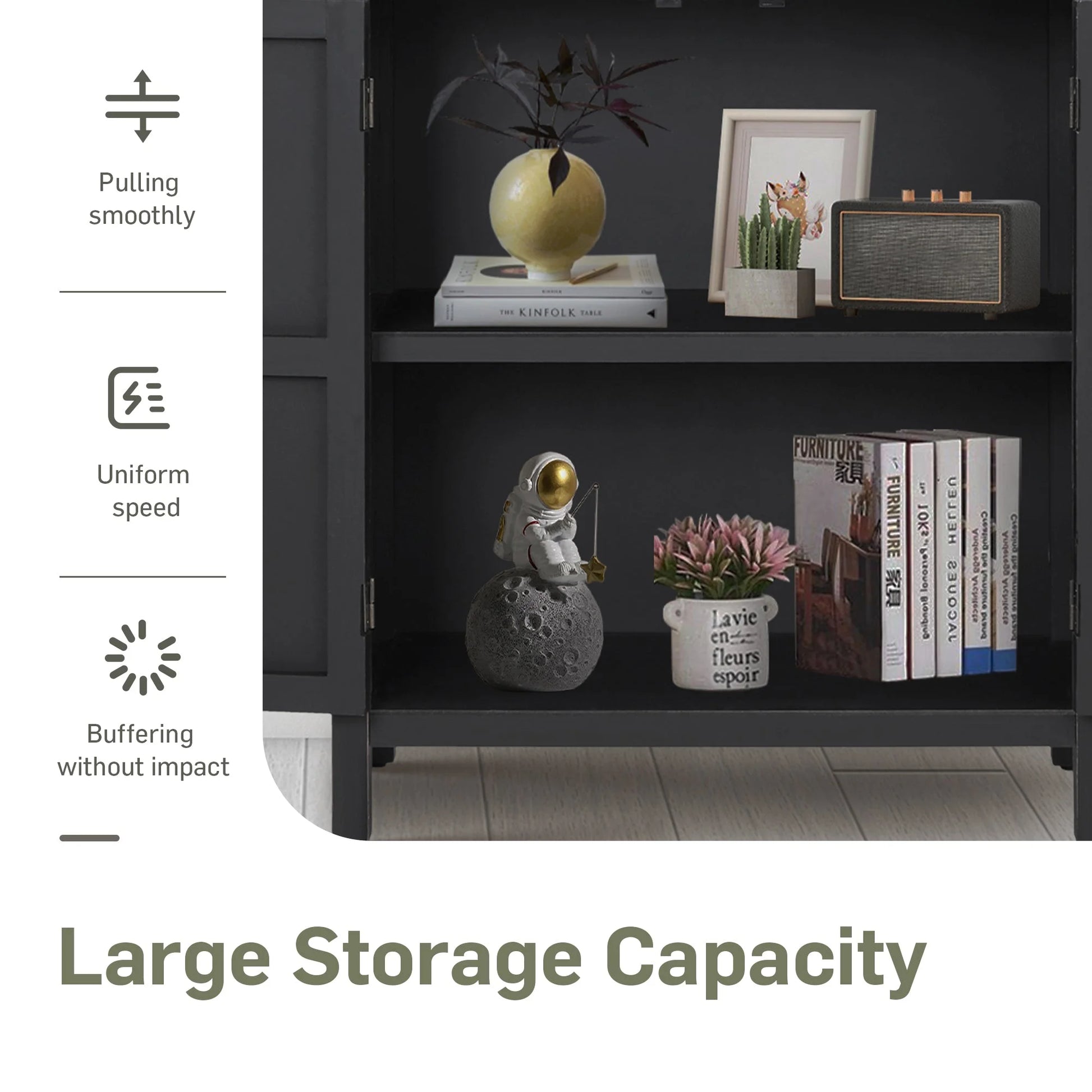 Alpha Joy Storage Cabinet with 2 Doors, Wood Accent Cabinet with Flower Pattern For Living Room, Dining Room, Black