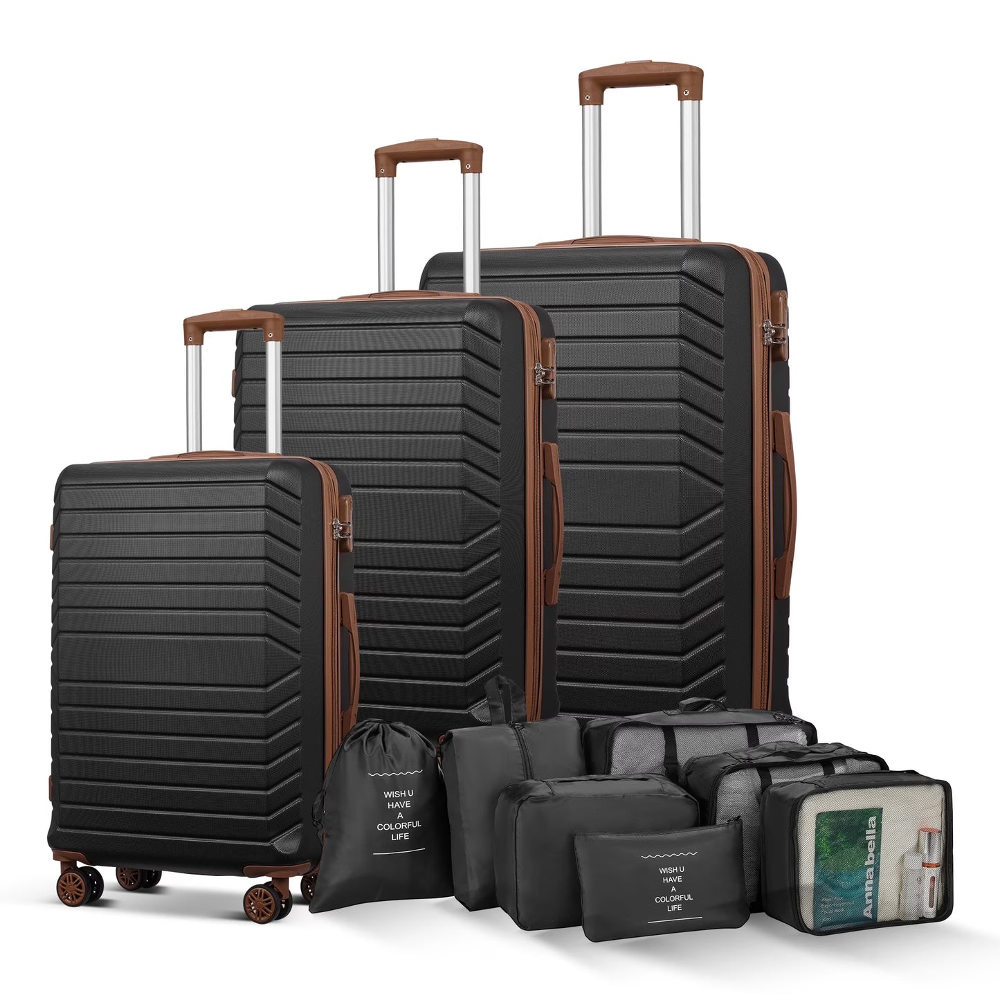 Gowill 3 Piece Luggage Sets Travel Suitcase Set with 7PCS Organizer Bags, White& Brown