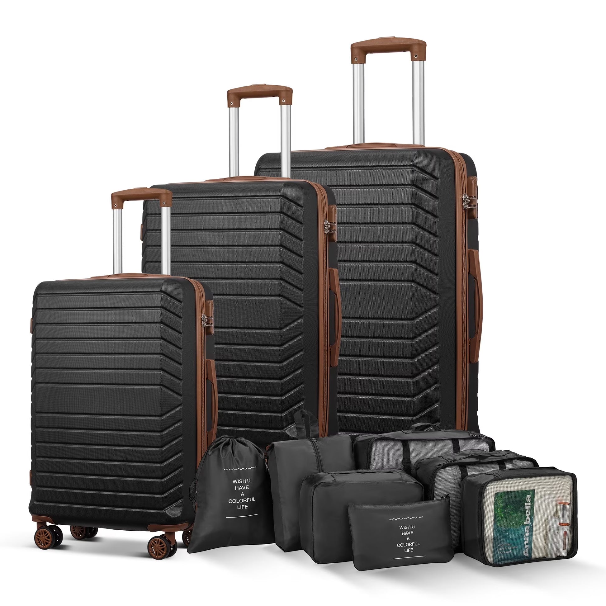Gowill 3 Piece Luggage Sets Travel Suitcase Set with 7PCS Organizer Bags, White& Brown