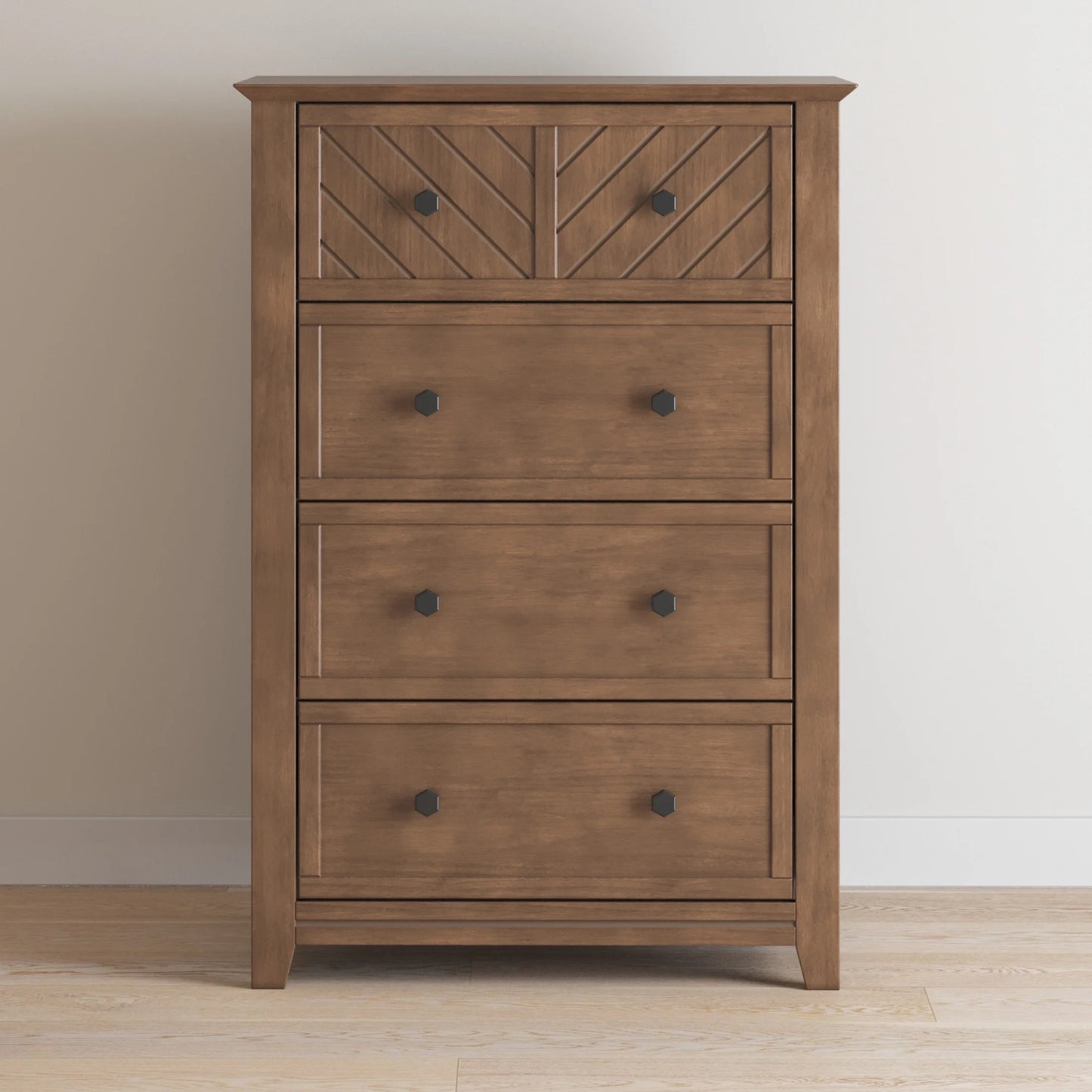 Child Craft Atwood 42" Interlocking 4-Drawer Chest for Nursery or Bedroom, Chevron Design, Anti-Tip Kit, Lunar Gray