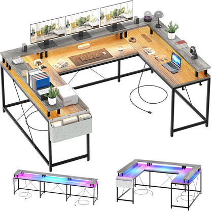 NEILA U Shaped LED Light Computer Gaming Desk with Power Outlets, Reversible 78.8'' Large PC Desk with Monitor Stand & Storage Bag, Home Office Desk, Study Desk, Writing Desk, Workstation, Grey