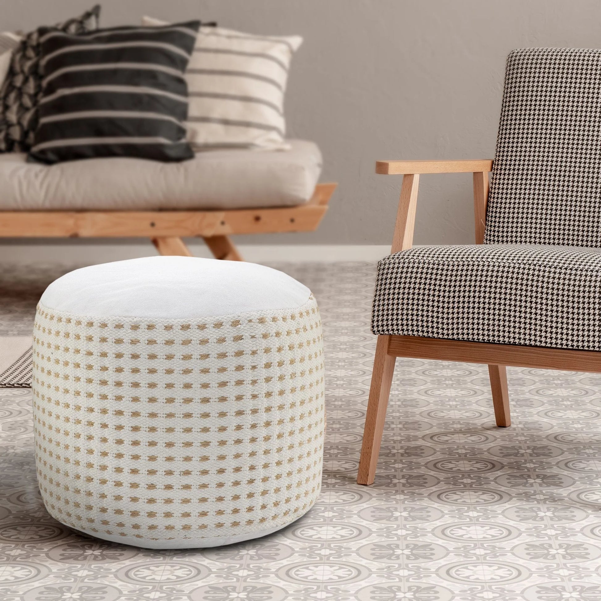 Laddha Home Designs 18" Tan and White Dashing Geometric Handcrafted Round Pouf Ottoman