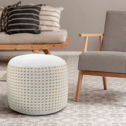 Laddha Home Designs 18" Tan and White Dashing Geometric Handcrafted Round Pouf Ottoman