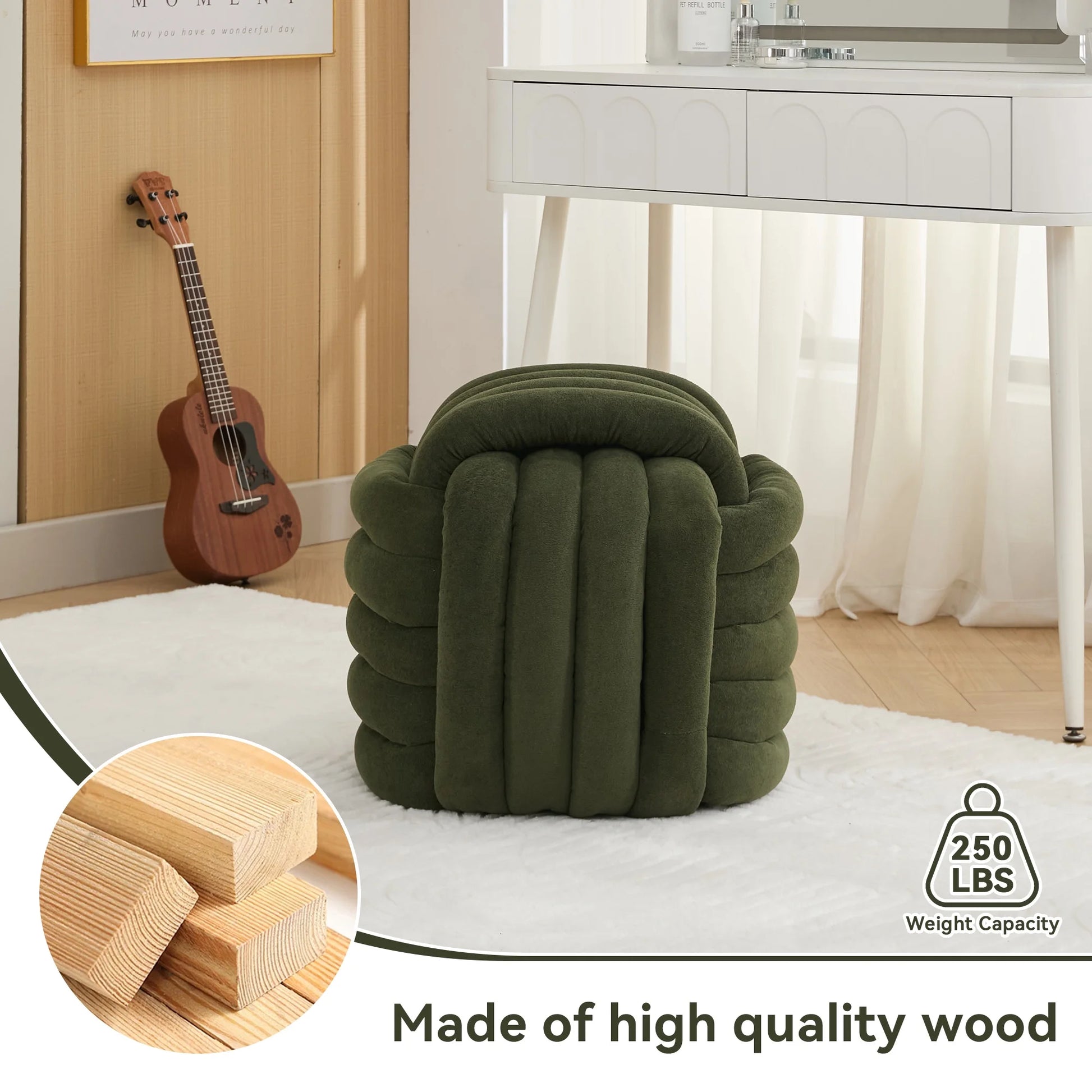 Modern Ottoman Footstool, Chenille Braided Foot Stool with Sponge Filling, Exquisite End Table Pouf Stool Soft Shoe Stool, Green