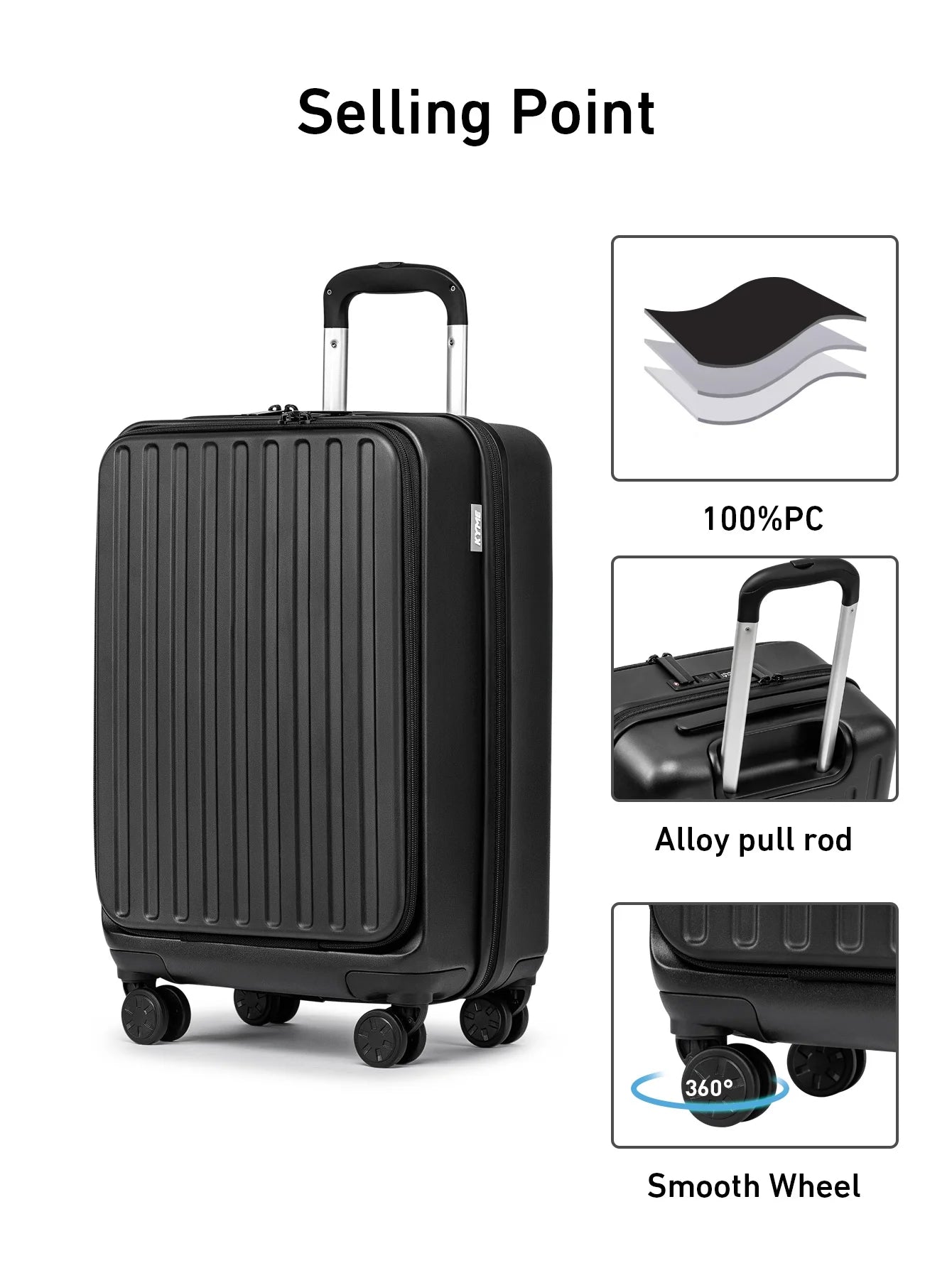 Front Open Carry On Luggage Laptop Compartment 100%PC TSA Lock Spinner Wheels 20" Lightweight Hardside Suitcase