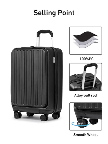 Front Open Carry On Luggage Laptop Compartment 100%PC TSA Lock Spinner Wheels 20" Lightweight Hardside Suitcase