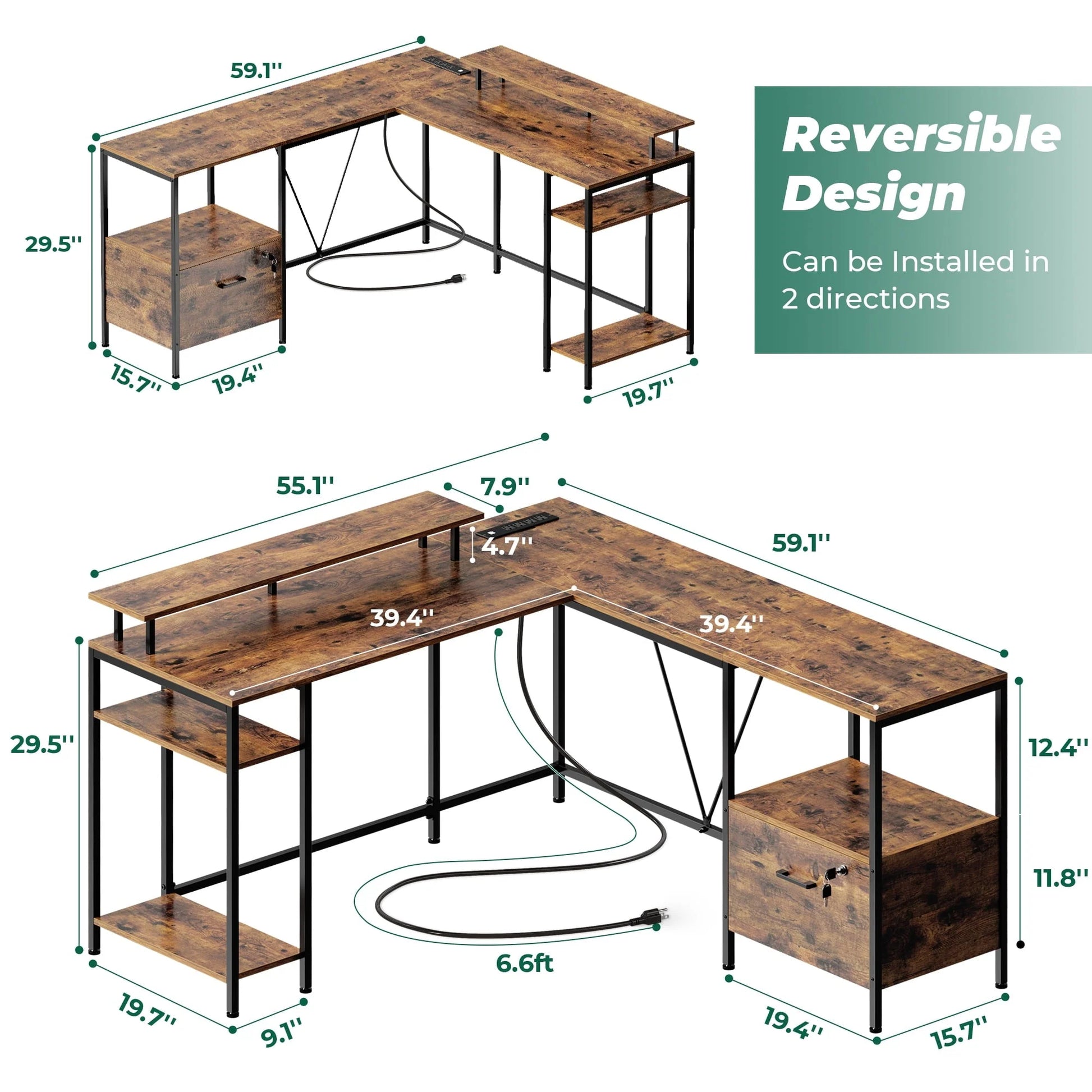 Huuger L Shaped Desk with Power Outlets & LED Lights, Reversible Computer Desk with File Cabinet & Storage Shelves, Corner Gaming Desk Home Office Desk, Rustic Brown