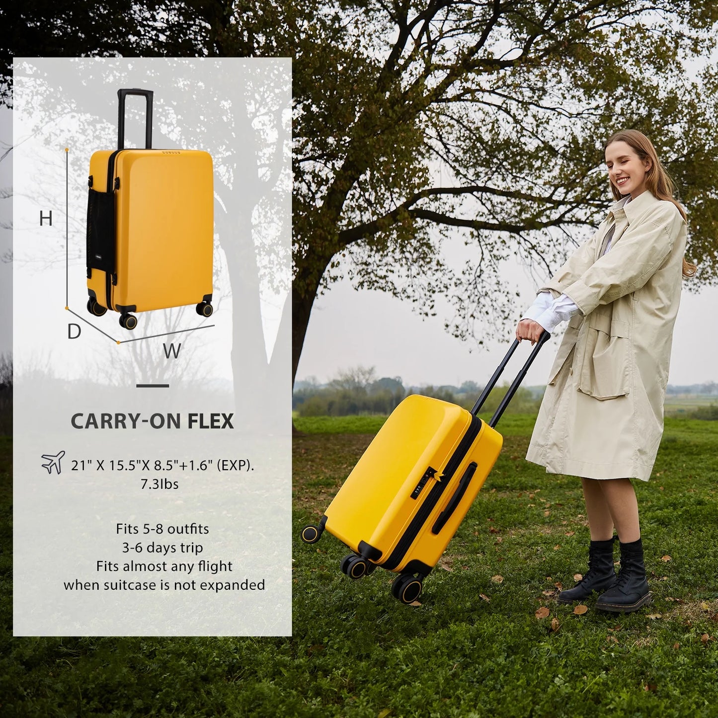 VERAGE Freeland Carry On Luggage with X-Large Spinner Wheels, Expandable Hardside Travel Suitcase, TSA Approved (20-Inch, Yellow)