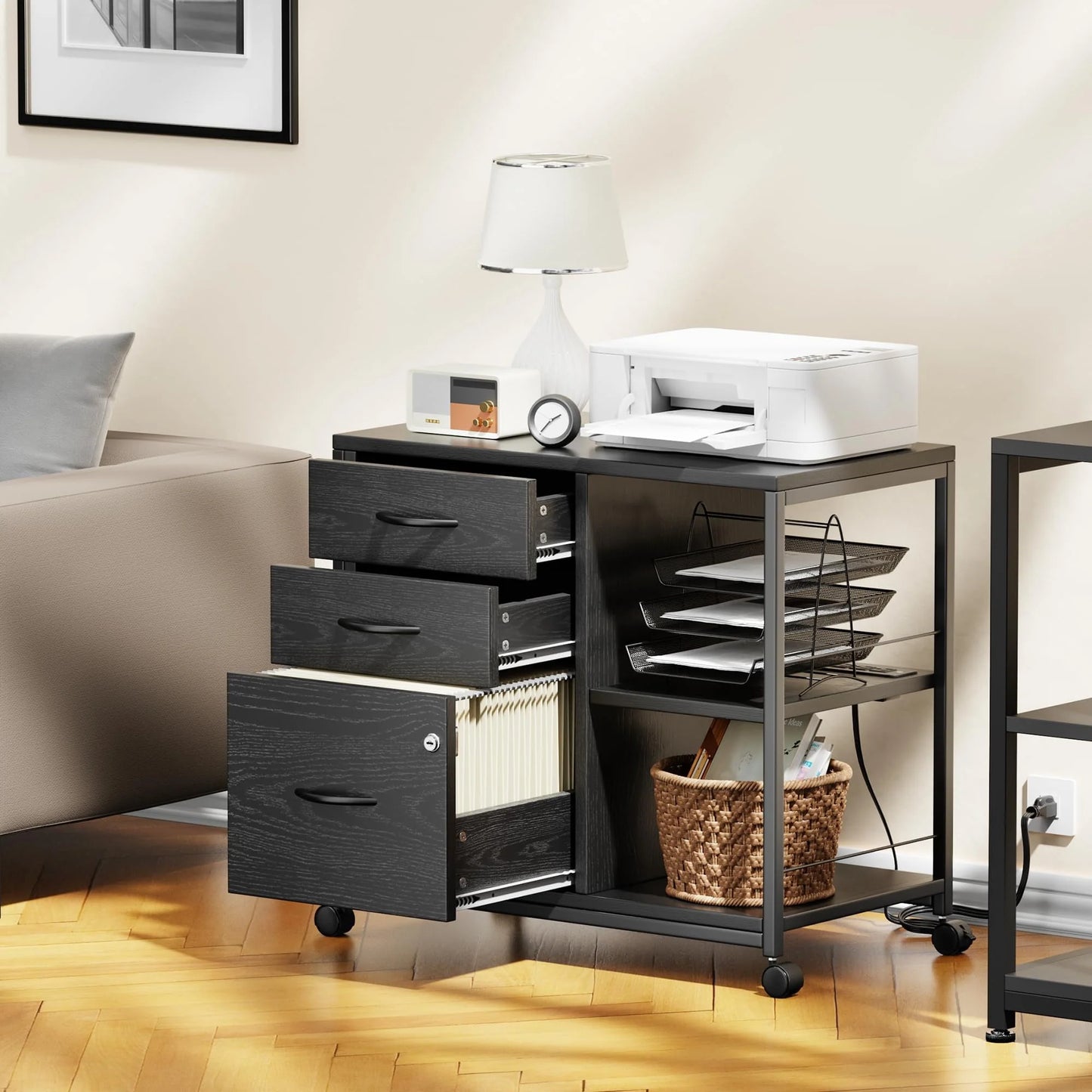 Himusi File Cabinet with USB Charging Ports Socket, 3 Drawers File Organizer for Home Office, Rolling Lateral Filing Cabinet for Printer Stand with Storage, Balck
