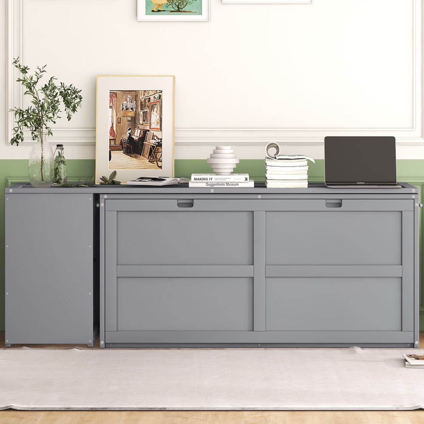 \ Queen Size Multi-Functional Cabinet,Wooden Foldable Platform BedFrame with Rotable Desk and Storage Shelves,Space-Saving Floor Bed Cabinet for Guest Room Home Office,Easy to Assemble,Gray