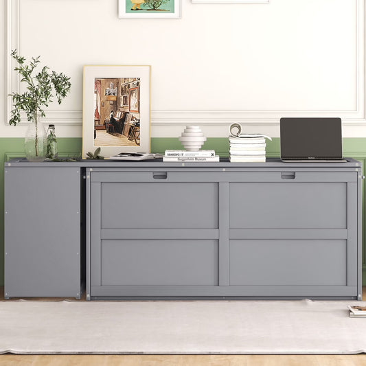 \ Queen Size Multi-Functional Cabinet,Wooden Foldable Platform BedFrame with Rotable Desk and Storage Shelves,Space-Saving Floor Bed Cabinet for Guest Room Home Office,Easy to Assemble,Gray