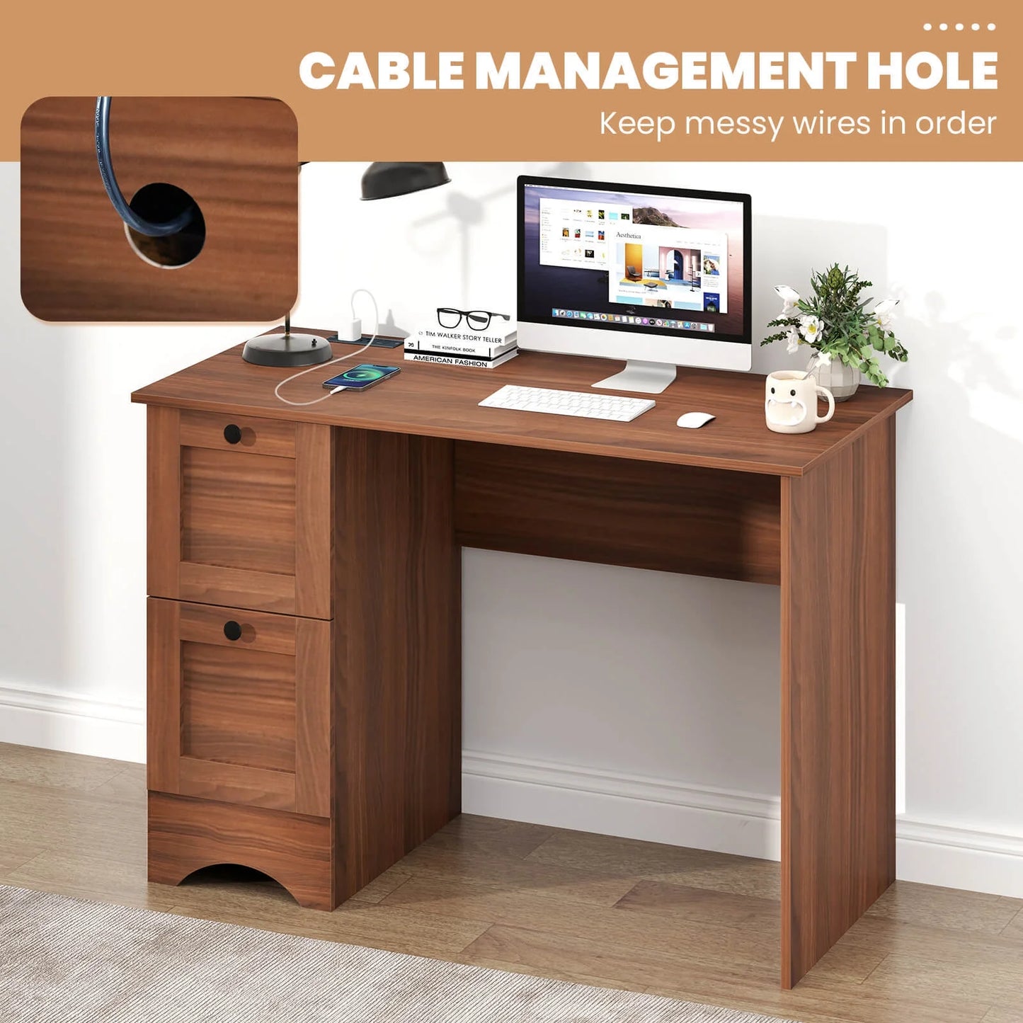 BHUIK Vintage Computer Desk with Charging Station, 43" Home Office Writing Table with 3 Drawers, USB & Type-C Ports, Wooden Study Workstation for Small Spaces, Walnut