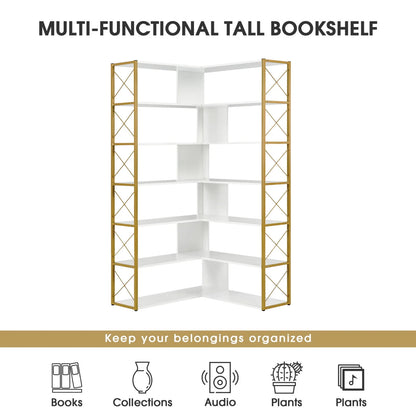 7-Tier Bookcase, L-Shaped Corner Bookcase, Tall Bookshelf with Metal Frame, Industrial Style Shelf with Open Storage, Bookshelf for Home Office Living Room and Bedroom, Gold+White