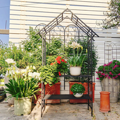 Yoneston 97.24"H Metal Garden Arch with Bench, Turned into Flower Stand for Climbing Plants, Support Rose Arch Outdoor, Black