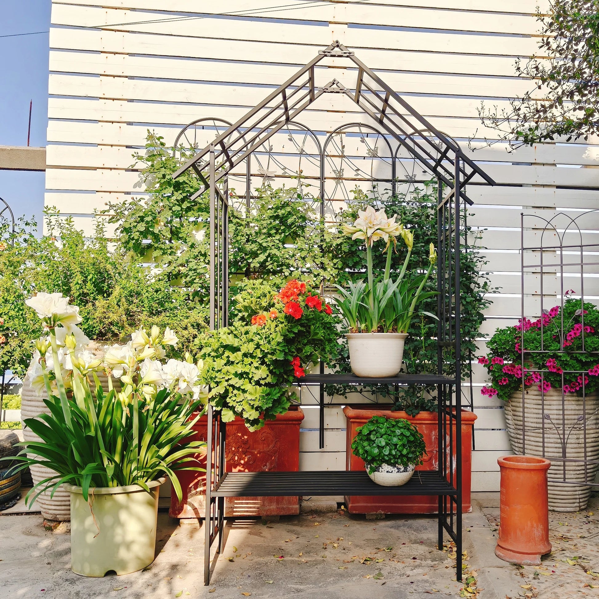 Yoneston 97.24"H Metal Garden Arch with Bench, Turned into Flower Stand for Climbing Plants, Support Rose Arch Outdoor, Black