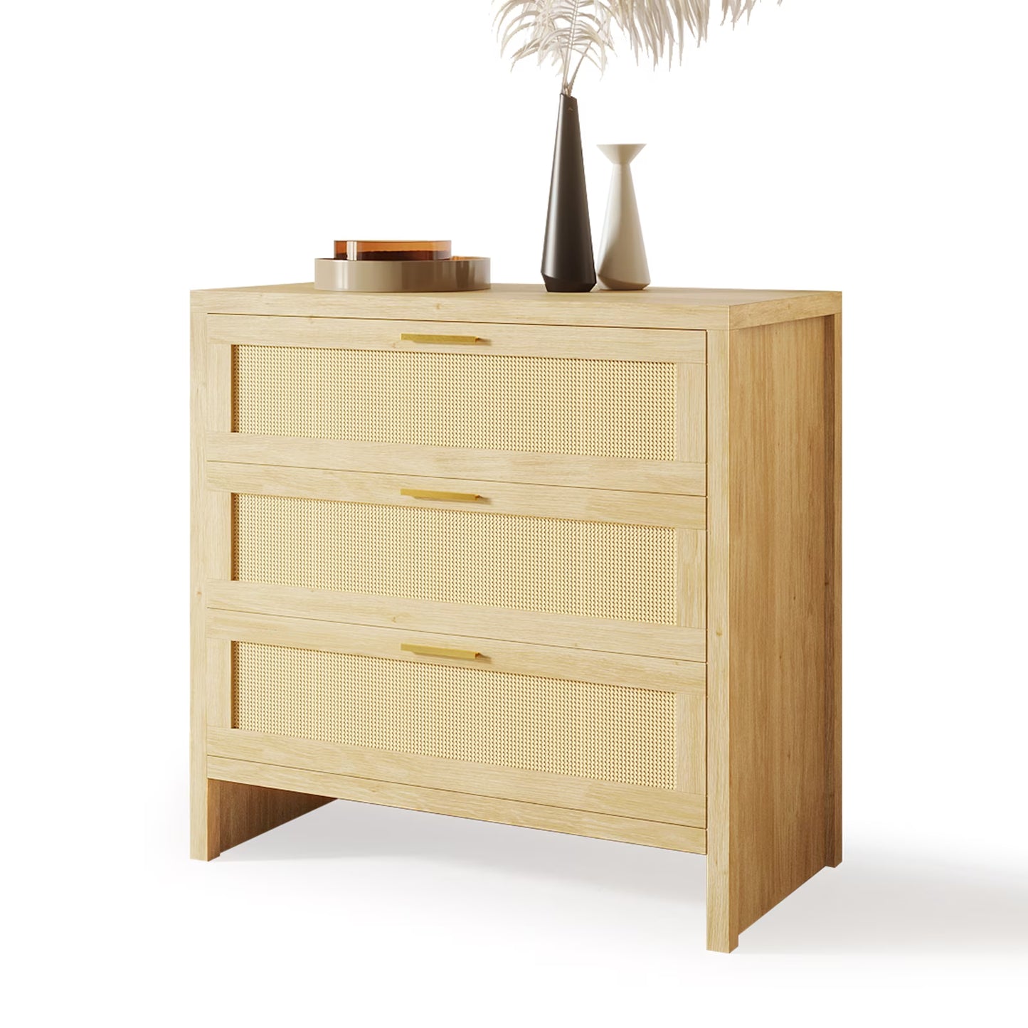 Richya Rattan Dresser with 4 Drawers, Wood Storage Cabinet for Living Room, Hallway, Nursery ,Bedroom