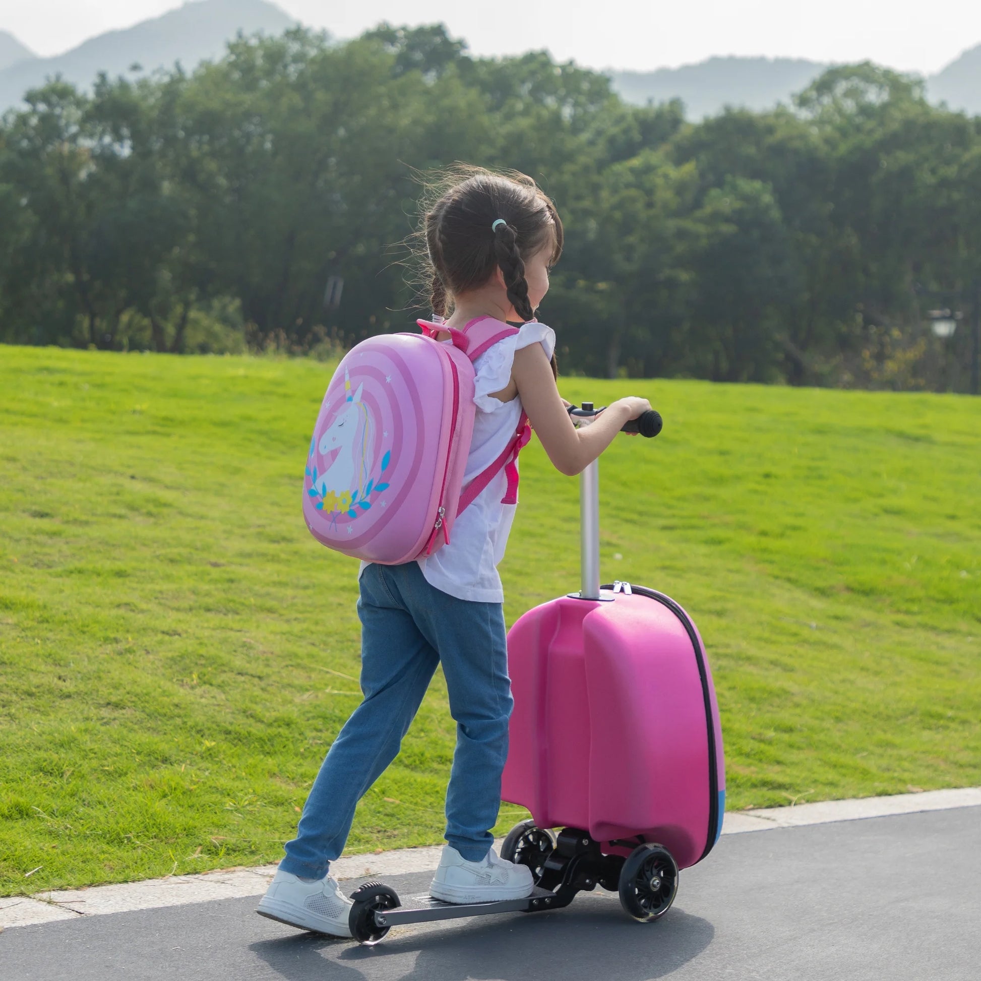 VLIVE 19 in Kids 2 Piece Unicorn Spinner Carry On Luggage with Scooter, Pink