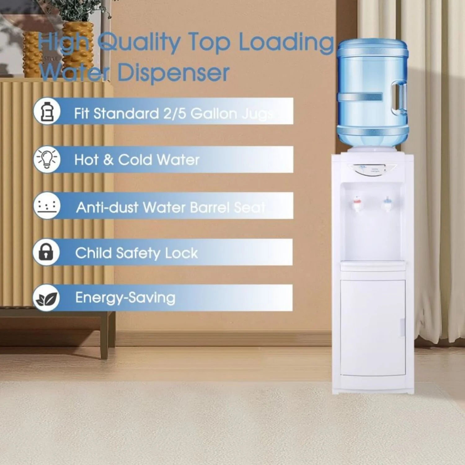 Water Cooler Dispenser 5 Gallon, Water Dispenser Hot & Cold Top-Loading Water Cooler for 5 Gallon Bottle with Child Safety Lock Removable Drip Tray & Storage Cabinet for Home Office