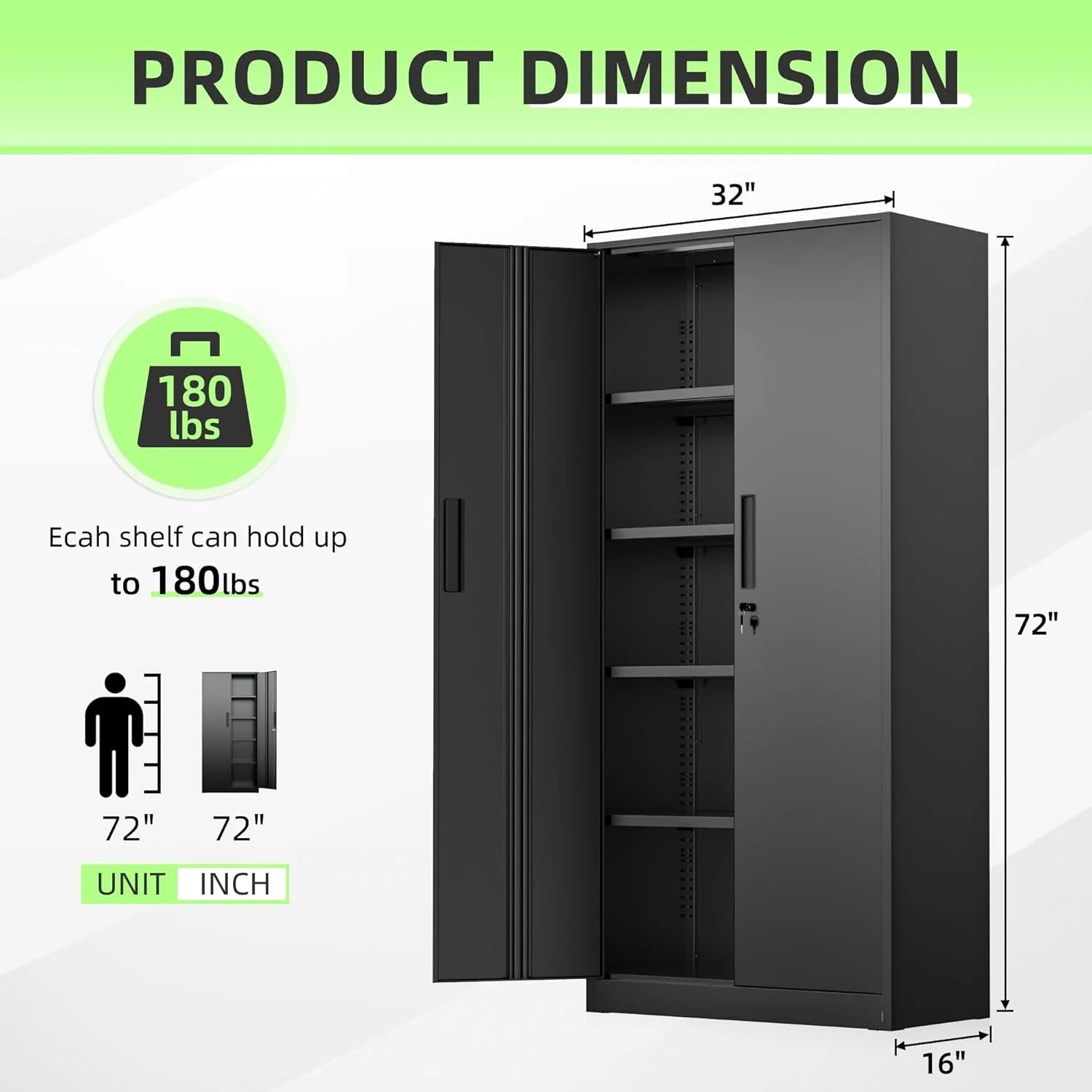 WANBIN 72" Black Metal Storage Cabinet with Lock, 2 Doors & 4 Adjustable Shelves, Tall Steel Cabinet for Home Office, Garage, Warehouse