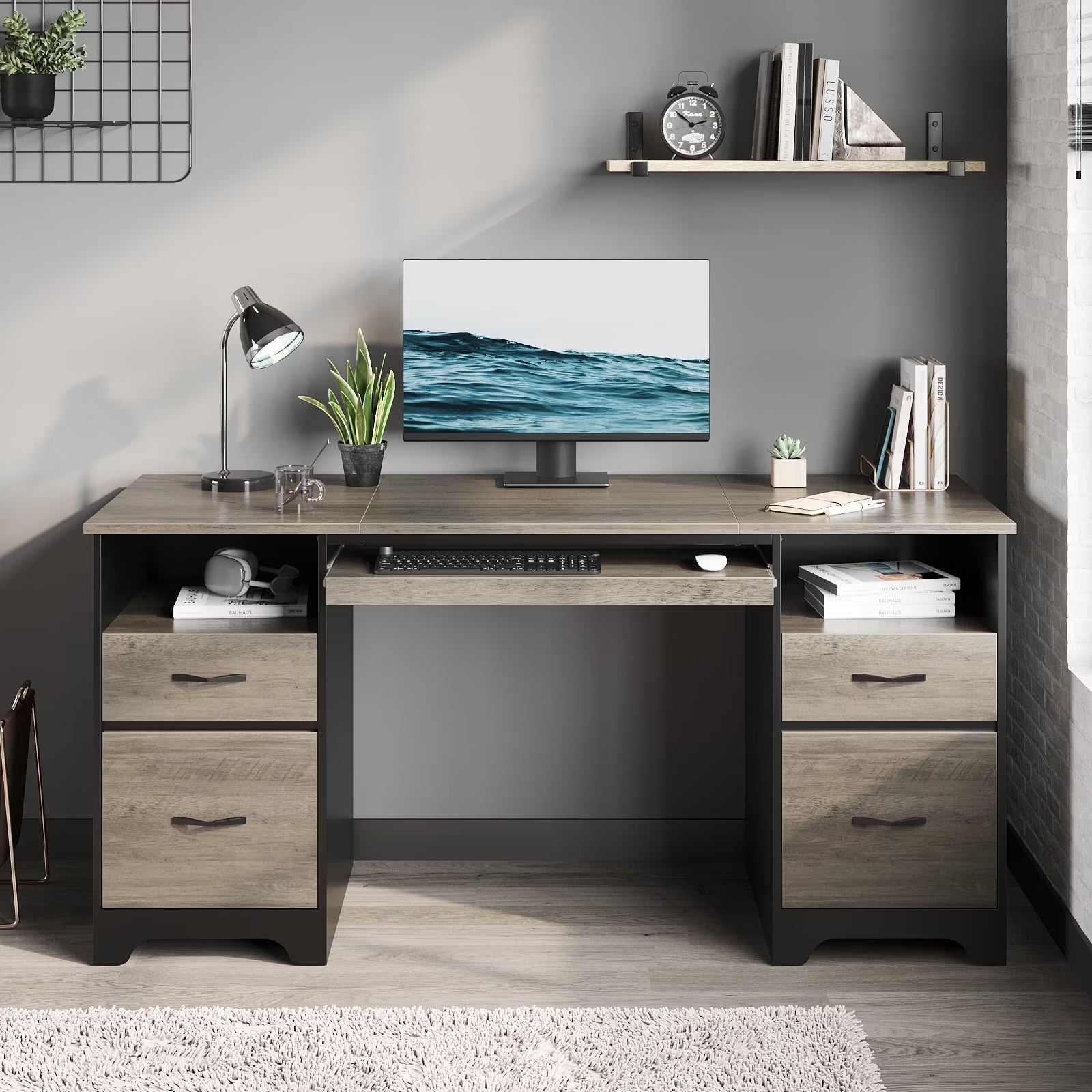 Bestier 59° Computer Desk with 4 Drawers, Office Executive Desk with File Drawer, Keyboard Tray for Home Office, Gray
