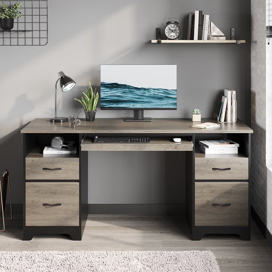 Bestier 59° Computer Desk with 4 Drawers, Office Executive Desk with File Drawer, Keyboard Tray for Home Office, Gray
