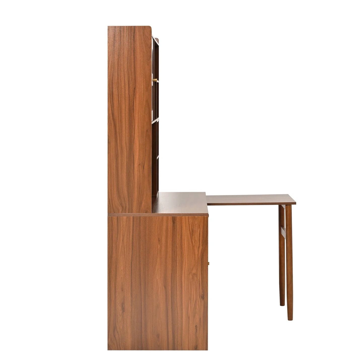43'' Computer Desk with 90 Degree Rotating Desktop, L-Shaped Home Office Desk with Hutch and Drawer, Writing Desk with Storage Cabinet and Glass Doors for Bedroom Living Room, Walnut