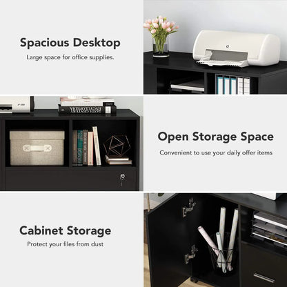 Tribesigns File Cabinet with Lock and Drawer, Mobile Lateral Filing Cabinet Printer Stand with Wheels and Storage Shelves for Home Office, Letter/Legal/A4 Size(Black)
