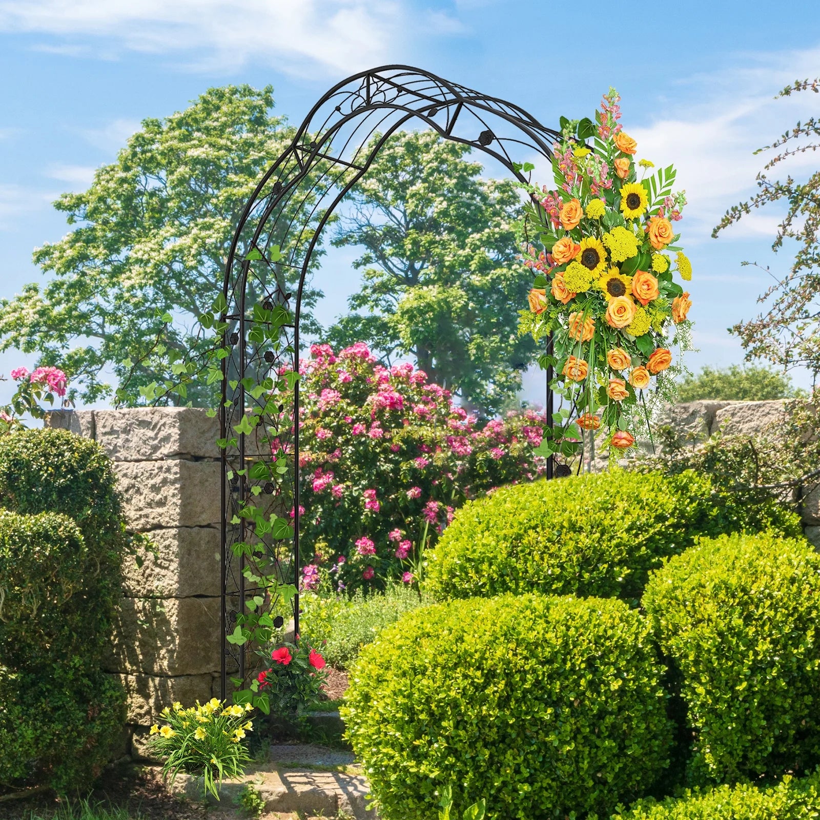 Topbuy Garden Arch Arbor Trellis, 2 Half Arches 99° Tall Metal Arbour Archway for Climbing Plants Roses Vines