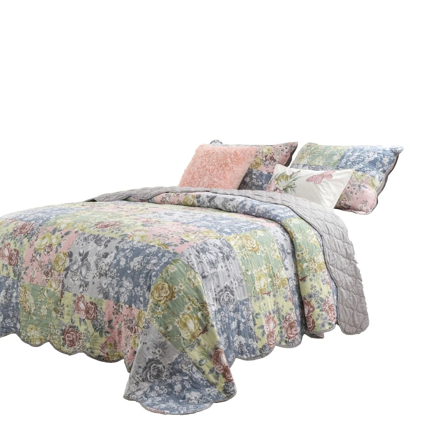 Benjara Eni 3 Piece Queen Cotton Quilt Set, Vibrant Pastel Blue Flowers, Scalloped