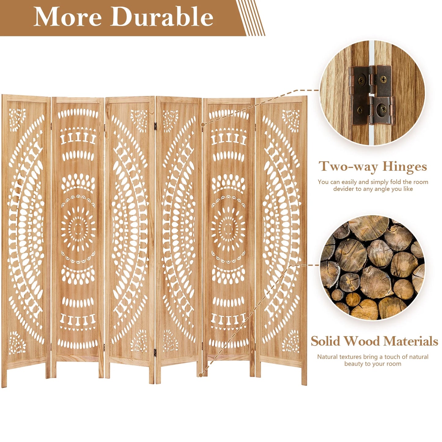 Aletheiawu 6 Panel Wood Carved Room Dividers, Folding Screens, No Installation Required, Light Brown